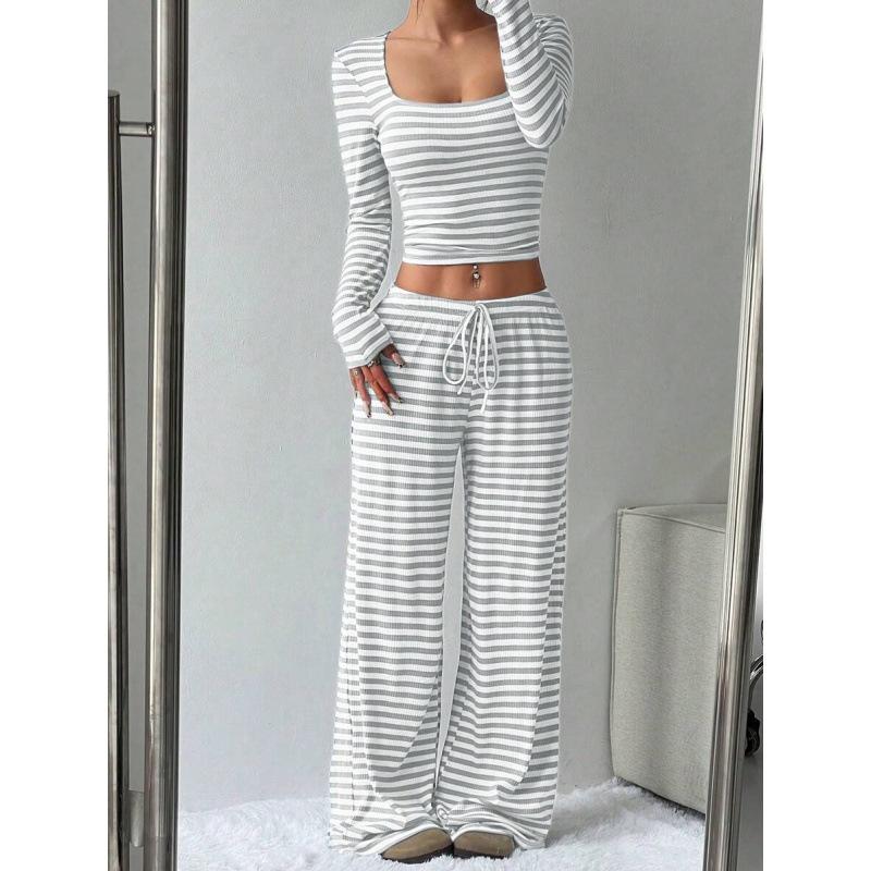 Women's Loose Fit Two Piece Outfit Set Long Sleeve Square Neck Crop Top Drawstring Waist Wide Leg Striped Tracksuit Loungewear