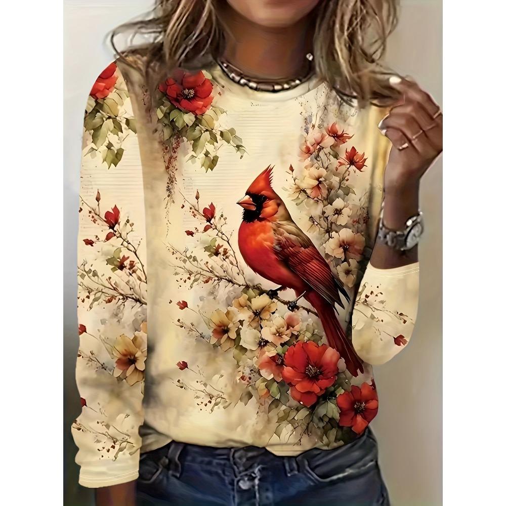 floral print crew neck T-shirt, casual long-sleeved top, suitable for spring and autumn, women's clothing