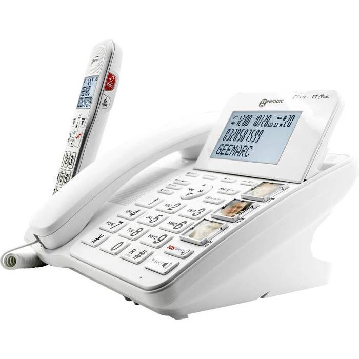 Geemarc amplidect 595 combi téléphone filaire pour séniors répondeur téléphonique, fonction mains libres, signal d'appe