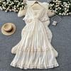 Summer Women Deep V-neck Ruffles Solid Chiffon Oversize Chic Boho Beach Holiday Long Maxi Dresses