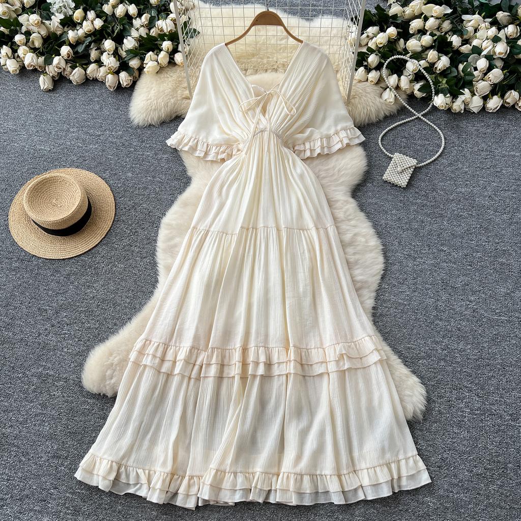 Summer Women Deep V-neck Ruffles Solid Chiffon Oversize Chic Boho Beach Holiday Long Maxi Dresses