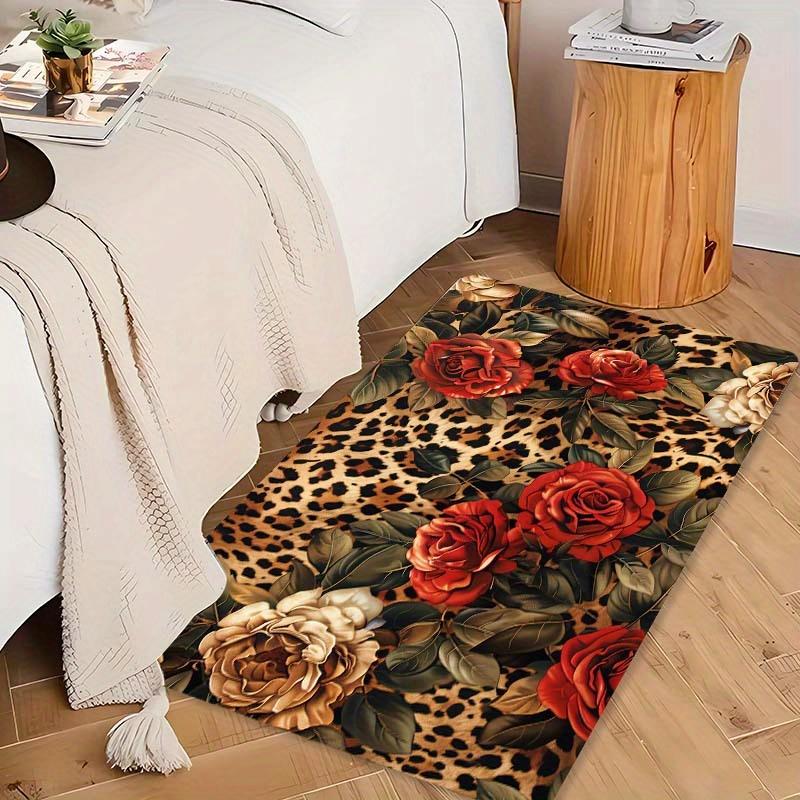 VIKAMA Vintage Leopard Print And Floral Pattern Rug Machine Washable Suitable For Entrances, Living Rooms, Bedrooms Home Decor