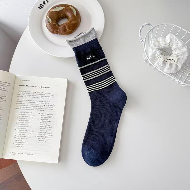 Women's Mid-Calf Striped Slouch Socks - Korean Style, Breathable Cotton for Spring & Autumn
