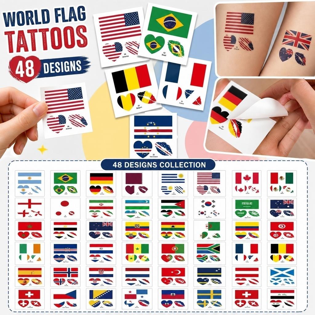 48 Pieces Temporary Tattoos Set Featuring Various National Flags Designs for Body Art and Decoration Suitable for Different Occasions and Events