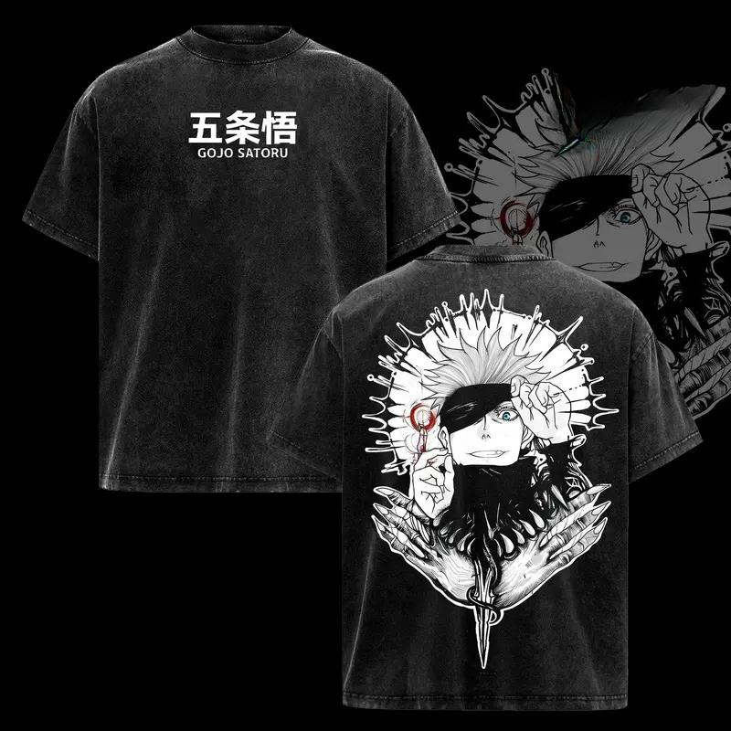 Gojo Satoru Jujutsu Kaisen Clothing Men Short Sleeve Manga T-shirts Retro Washed T Shirt Casual Cotton Tee Harajuku Male Tshirt