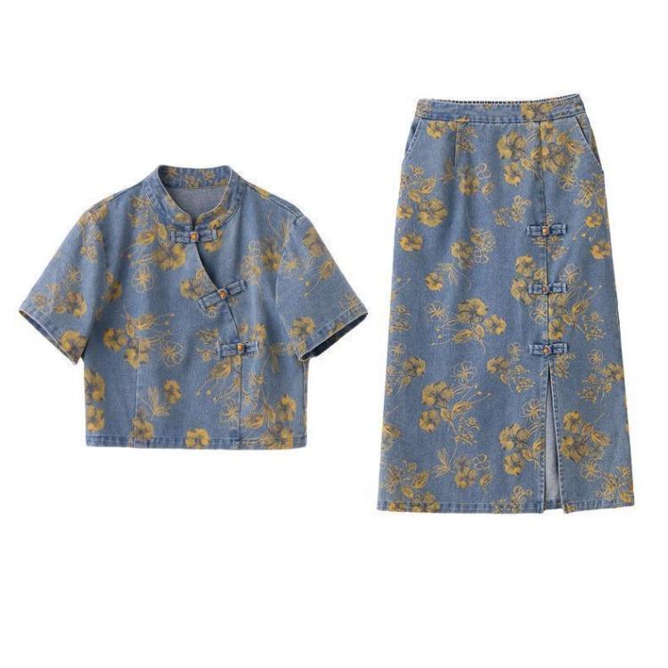 Fashion Chinese Style Denim Skirt Set Women Summer Floral Print Two Piece Outfit with Knot Buttons