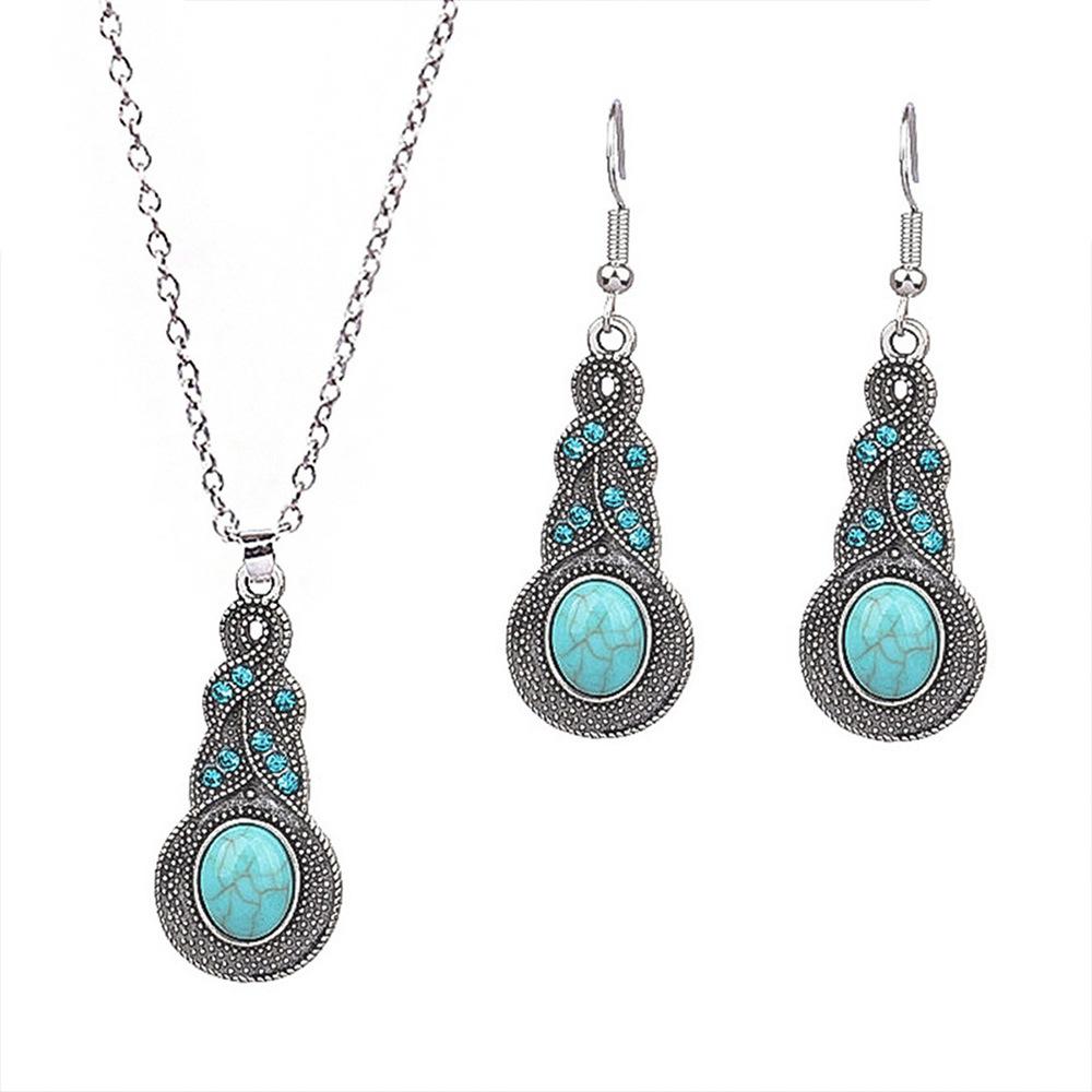 Vintage National Turquoise Necklaces Bohemian Versatile Temperament Exaggerated Rare Turquoise Pendant Necklaces Earrings Set