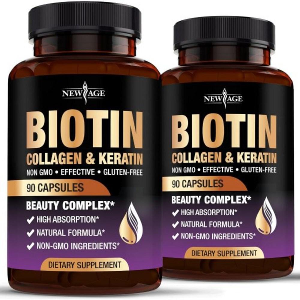New Age Biotin Collagen Keratin Hyaluronic Acid 50,000 Micrograms Hair Growth Vitamin for Men and Women Nails Hair Skin and DHT Blocker Folic Acid E