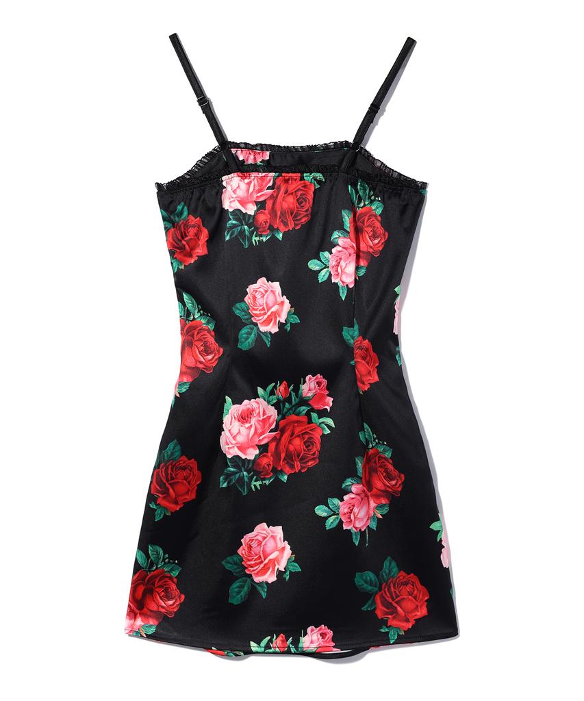 YOUHEE Satin Flower Pattern Dress Black