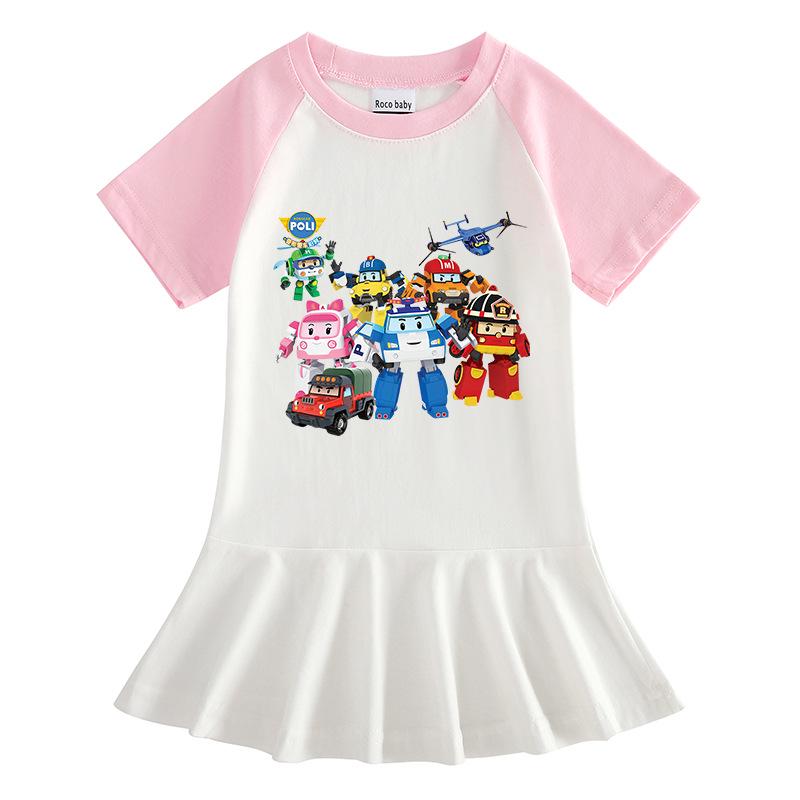 Summer Cartoon Raglan Color Block Short Sleeve Pleated Dress for Girls
