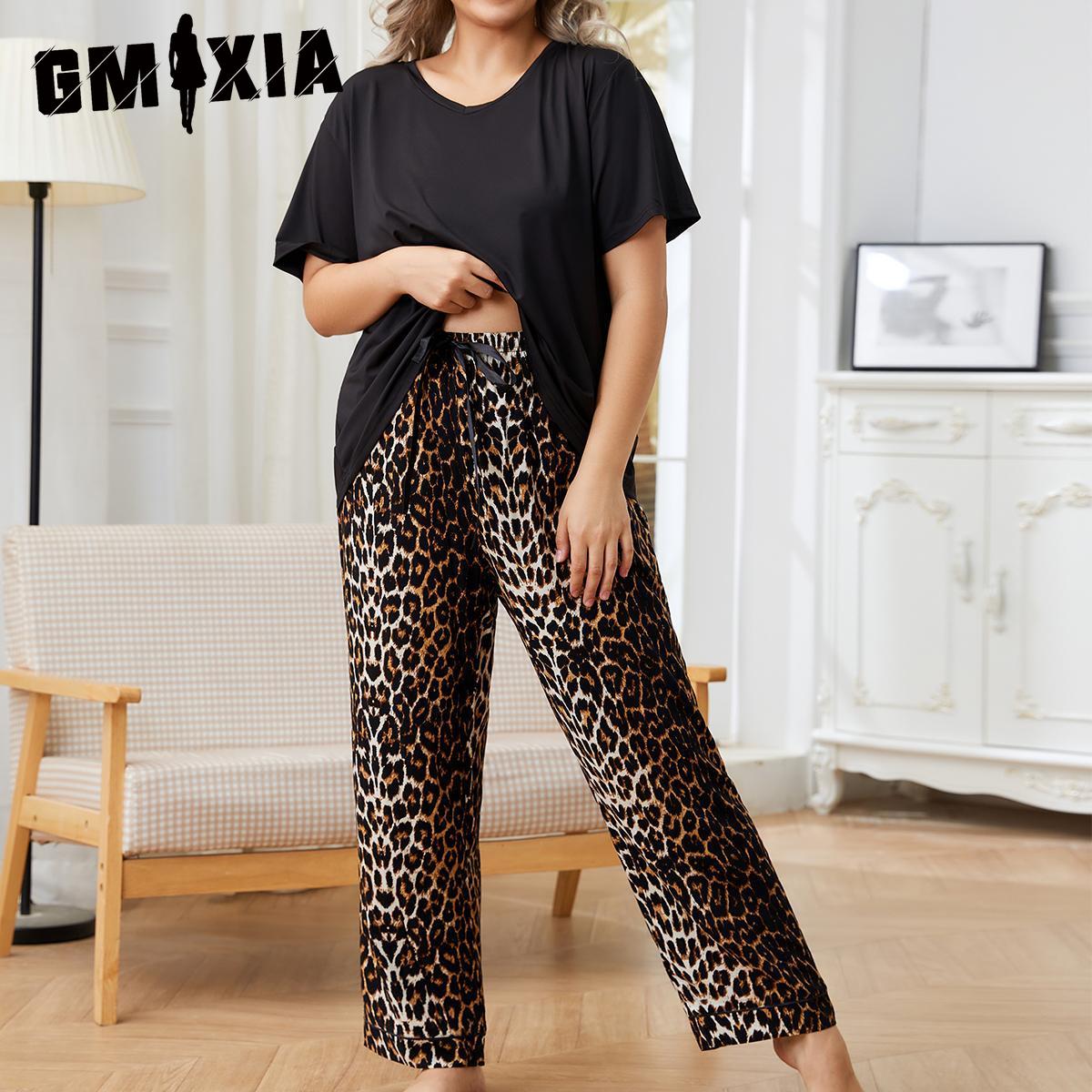 

GMXIA Large Size Pajamas Women s Spring and Autumn Homewear Suit Can Be Worn Outside XXXXL чёрный/леопардовый