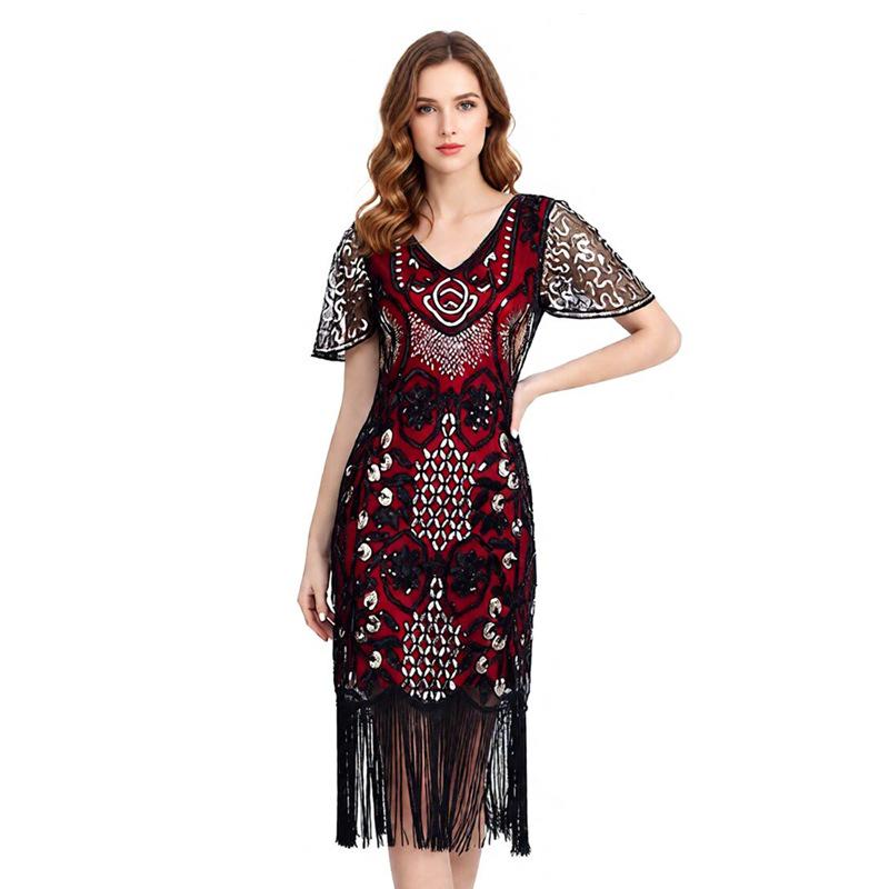 1920s Gatsby Sequined Evening Gown with Tassels