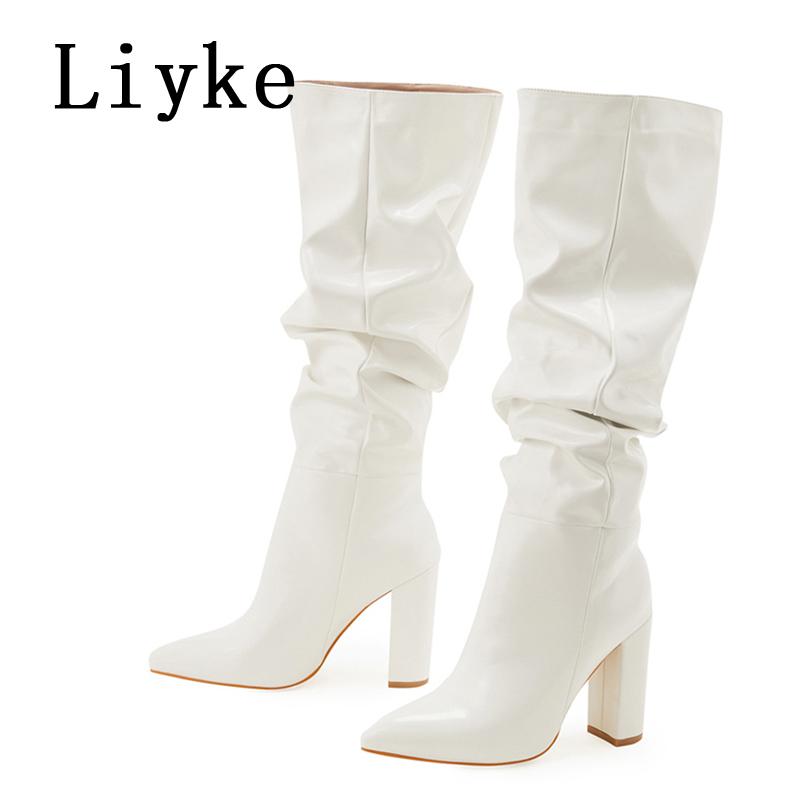 Fashion Liyke 2025 Autumn Winter Pleated Patent Leather Knee High Boots Female Pointed Toe Slip On Motorcycle Shoes Women Square Heels