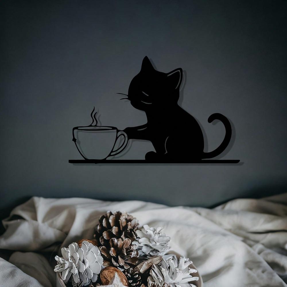 Metal Wall Art Cat Coffee Sculpture Powder Coated Iron Home Decor Gift