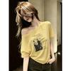 Lazy Wind One-word Shoulder Slanted Shoulder Printed T-shirt Women's Summer Loose and Thin White Short-sleeved Loose and Unique Beautiful Top
