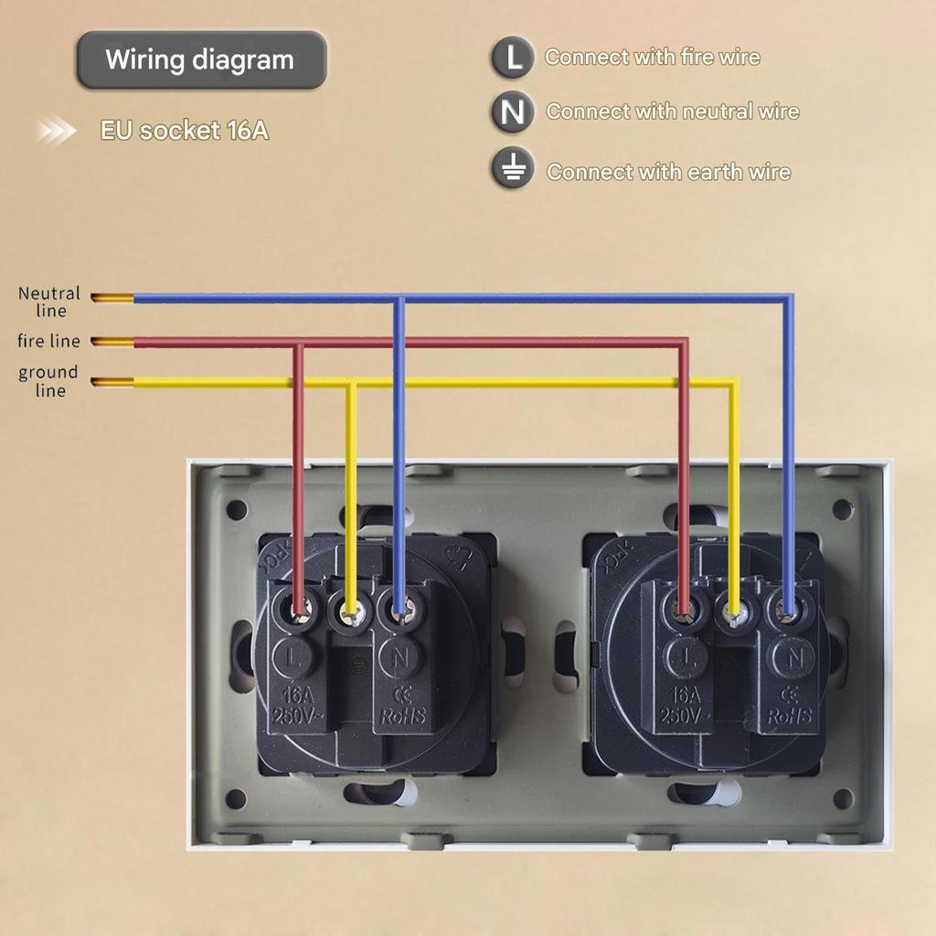 European Standard 16A Wall Socket, Model 157, with Tempered Glass Panel, 250V, Double Socket for Round Box Installation
