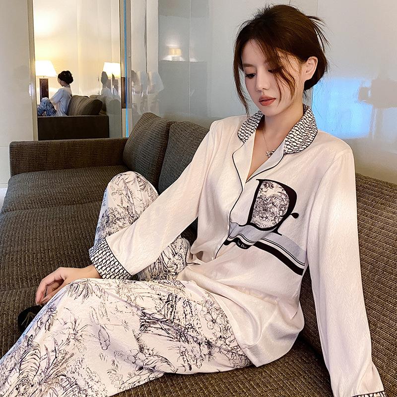 Spring Autumn Long Sleeve Trouser Pijamas Suit Women Loose Casuak Silk Satin Home Clothes 2PCS Pajamas Set Nightwear Lounge Wear