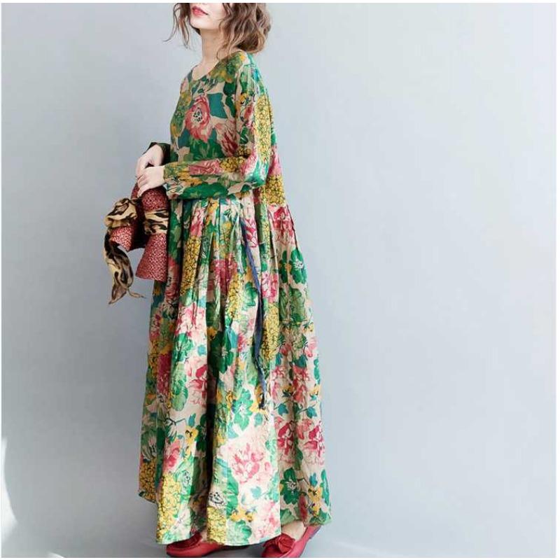 Damen Langer Rock Retro Große Blume Übergroß Schwingend Bodenlanges Kleid