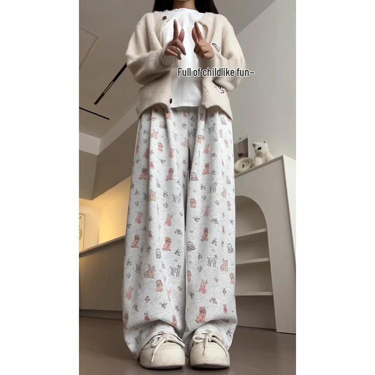 Women's Korean Style Cartoon Puppy Print Straight-Leg Pants - Cute, Versatile Casual Wear for Spring & Autumn 2025