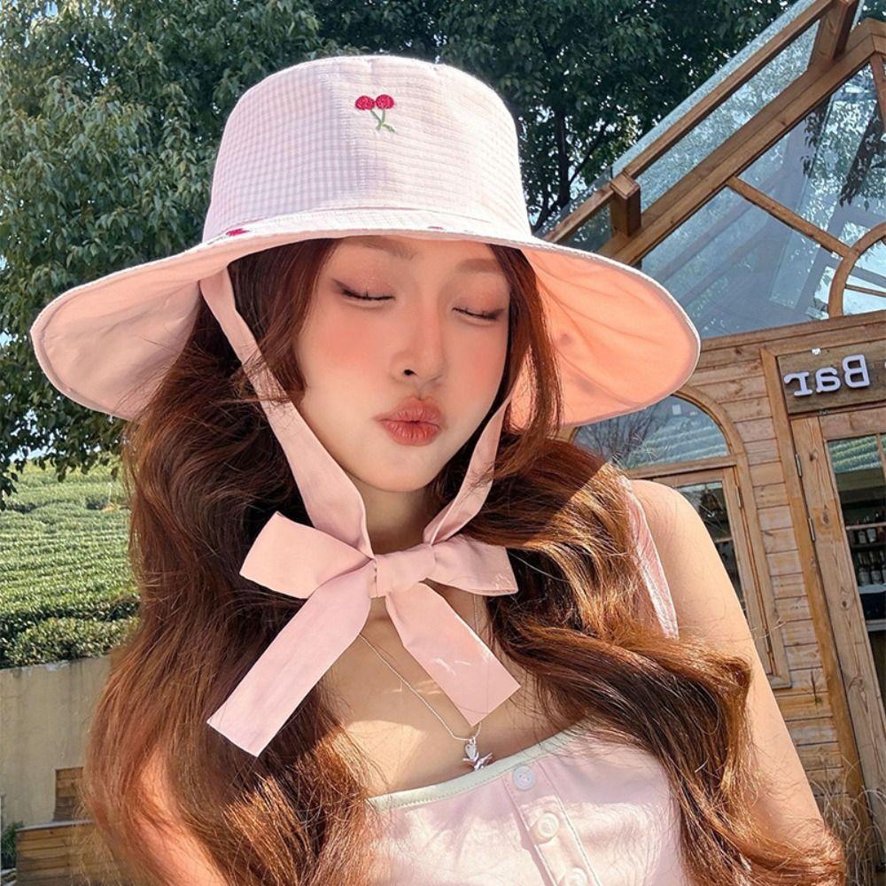 Lace Summer Sun Hat Double Sided Wearable Embroidered Cherry Bucket Hat Outdoor
