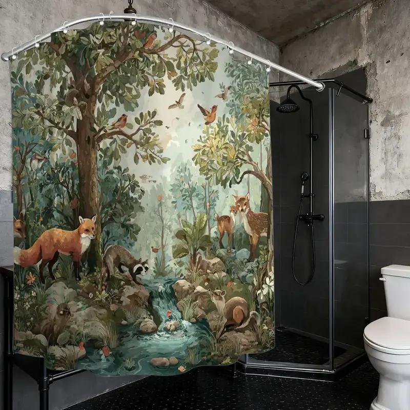 Lush Woodland Forest Animal Shower Curtain Bathroom Decor Tropical Nature Jungle Polyester Waterproof Home Decor Shower Liner