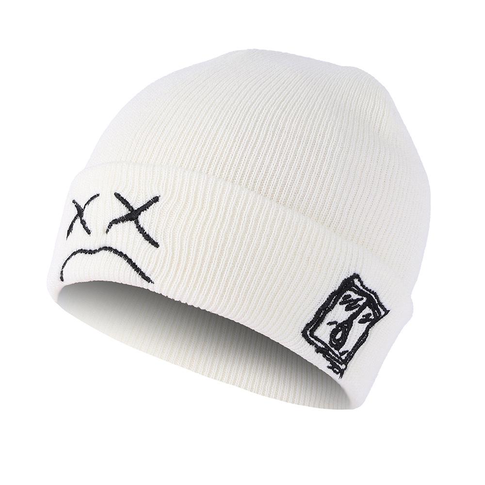 Europa & Amerika Gestrickte Mütze mit Stickerei - Weinendes Gesicht Design, Herbst/Winter Ohrenschutz, Warm, Vielseitige Überzieh-Mütze mit Streetstyle