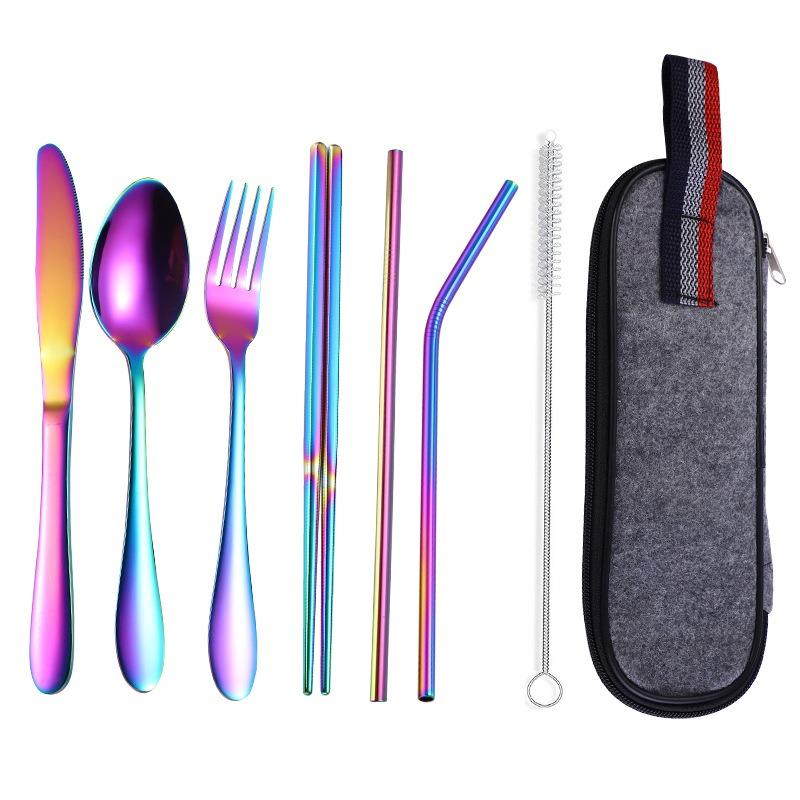 8Pcs Stainless Steel Straw Set Outdoor Western-style Knife, Fork, Spoon and Chopsticks Portable Cutlery Bag