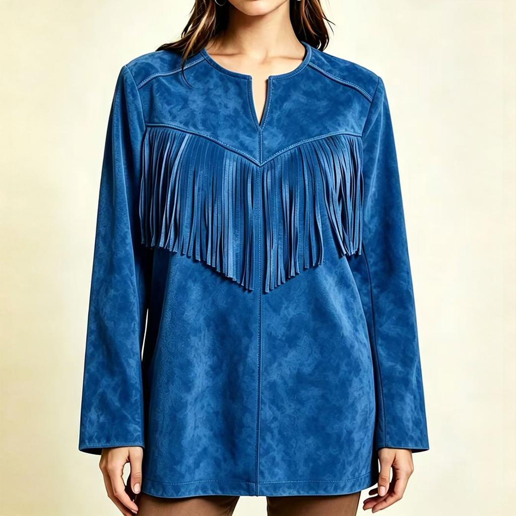 Women's Color Tassel Lapel Collar Long Sleeve Loose Fit Mid-Length Tunic Top