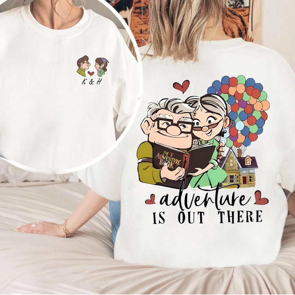 New Cartoon Up Carl and Ellie Print TShirt Fashion Pop Couple TShirt Loose Thanksgiving Honeymoon Gift