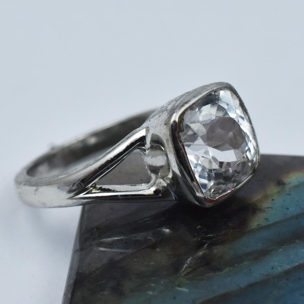 20.00 Carat White Sapphire Silver Ring Size 8.5 Square Shape Best Ring Gemstone AR-.3133-Sa
