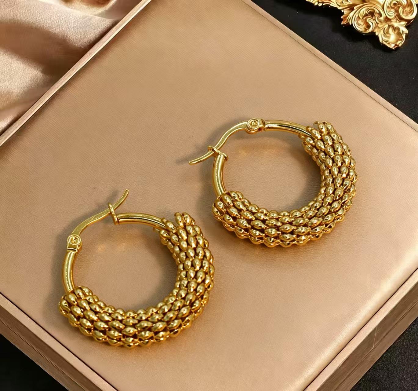 Modern Chinese Style Woven Stainless Steel Hoop Earrings - Elegant Braided Design