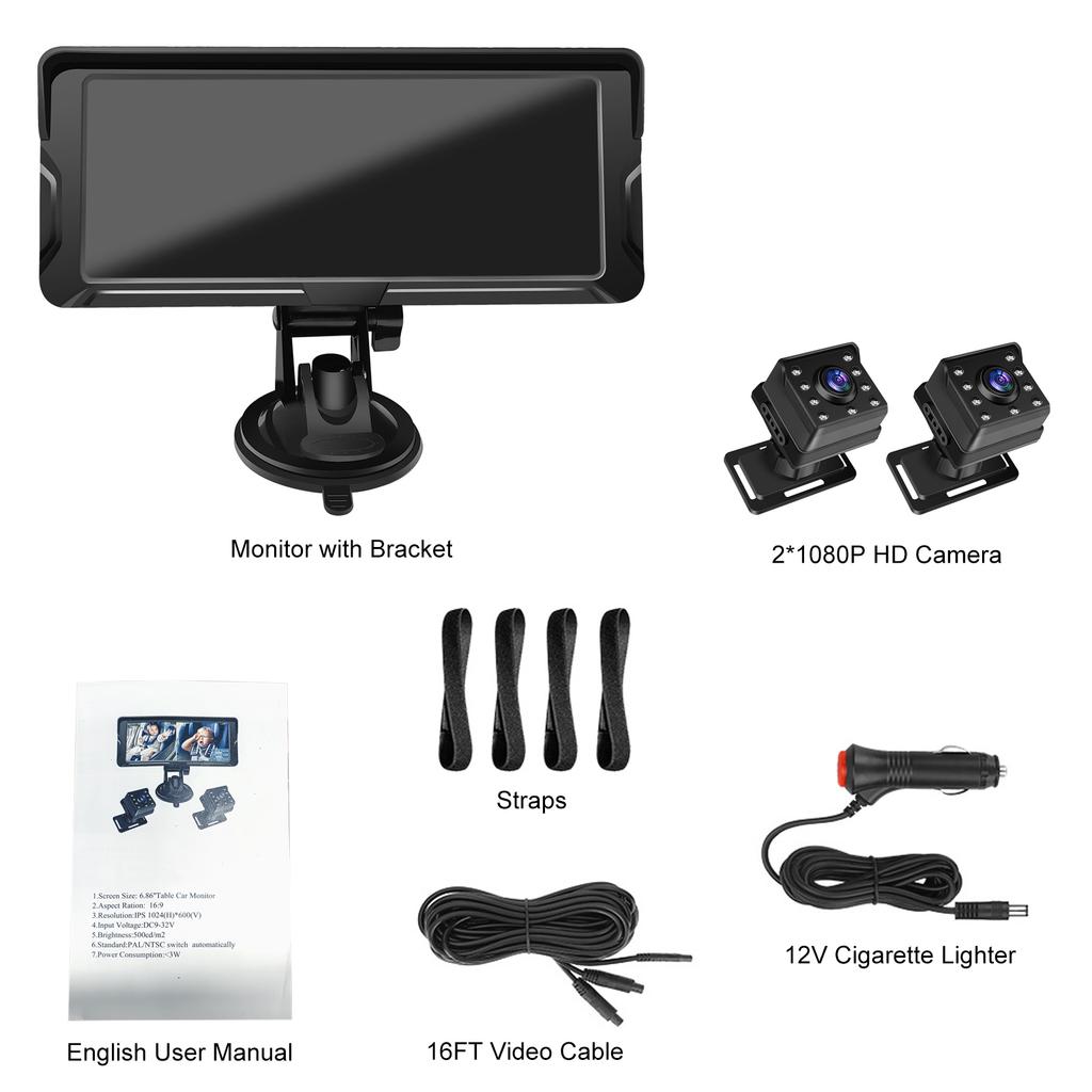 Baby Car Camera Dual Channel 6.8 Inch 1080P Baby Monitor with IR Night Vision Camera and 150 Degrees  Wide Viewing