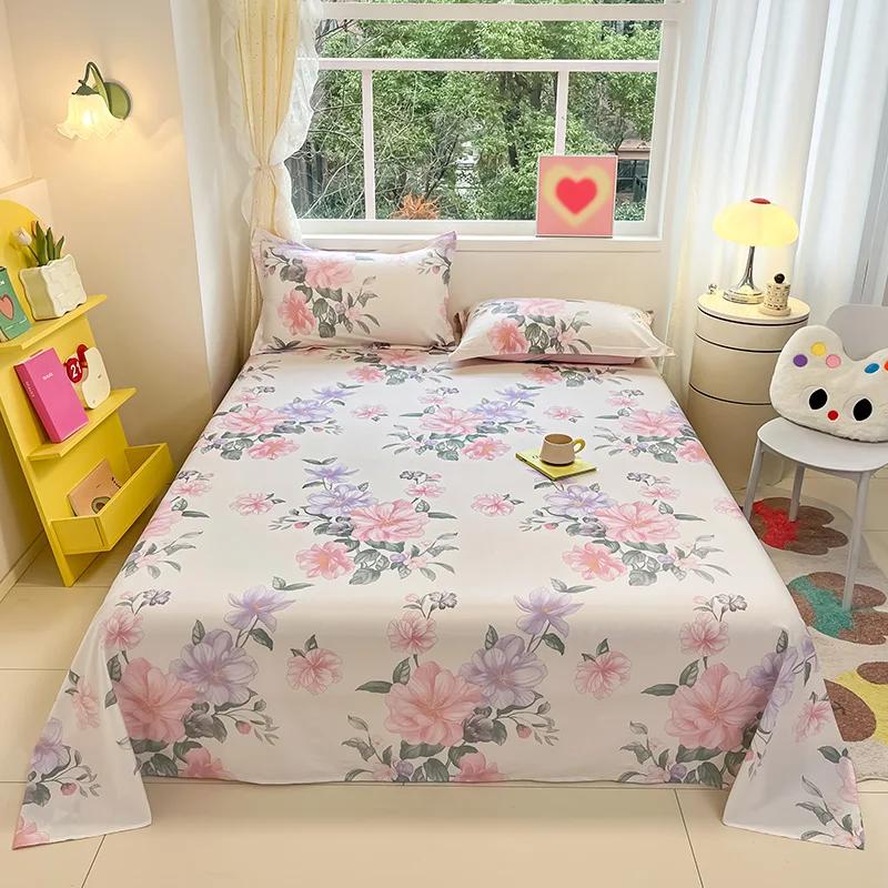 Botanical Floral Flat Sheet Twin Queen Garden Flower Bed Sheet Set Soft Cotton Pastoral Wildflowers Bed Cover with 2 Pillowcases