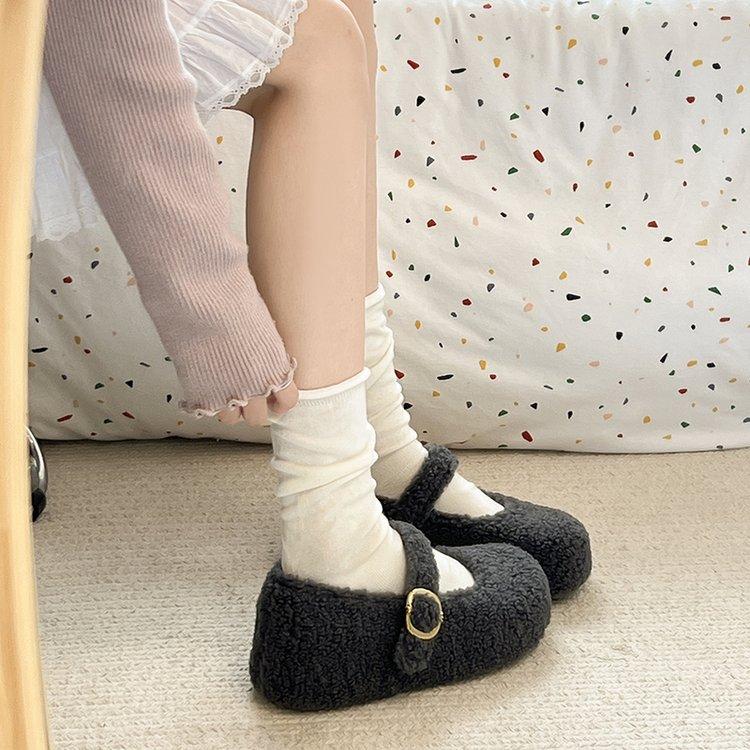 thick-soled white plush shoes women's shoes wear 2025 new autumn and winter Mary Jane single shoes plush cotton shoes women