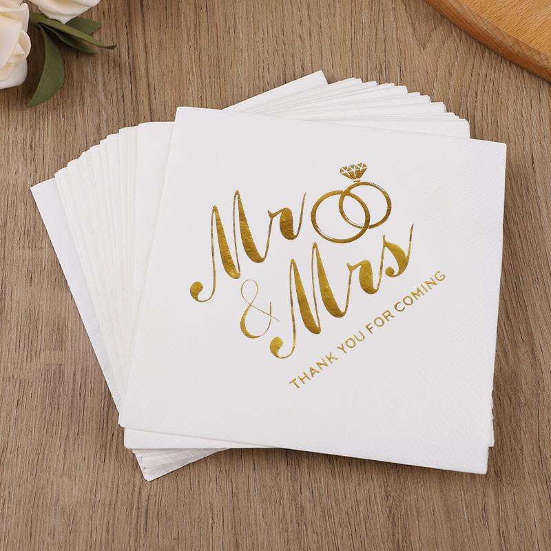 20-100 stuks Mr Mrs papieren servetten Bruiloft Tafeldecoratie Bronzing Cocktail Dessert Wegwerpservet Vrijgezellenfeest Benodigdheden