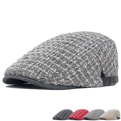 Women's Hat Autumn Winter Warm Knitted Wool Beret Forward Cap Men's Plaid Cap Newsboy Hat