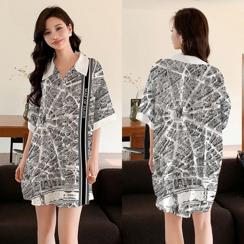 Ropa de Dormir Cómoda de Verano para Mujer Botones Delanteros Seda de Hielo Ropa para el Hogar Suelta Casual Estampada para Descansar