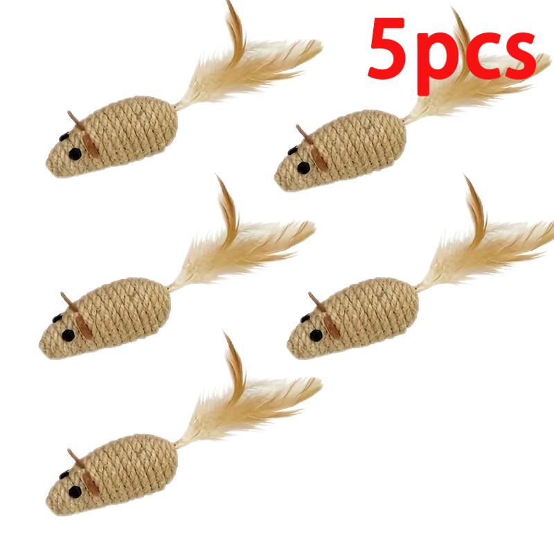 1/5pcs Cat Toys Interactive Feathered Mouse with Sisal Rope Durable Linen Mouse Shape Cat Chew Toy Pet Bite Toys Pet Supplies