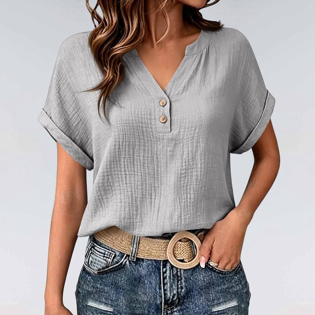 Women's V-Neck Short Sleeve Button Front Crinkle Fabric T-Shirt with Rolled Hem