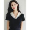 Women's Sailor Collar Knit Top Casual Short Sleeve Ribbed Slim Fit Blouse