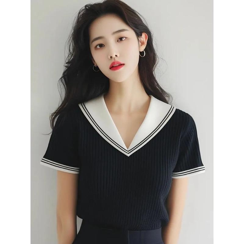 Women's Sailor Collar Knit Top Casual Short Sleeve Ribbed Slim Fit Blouse