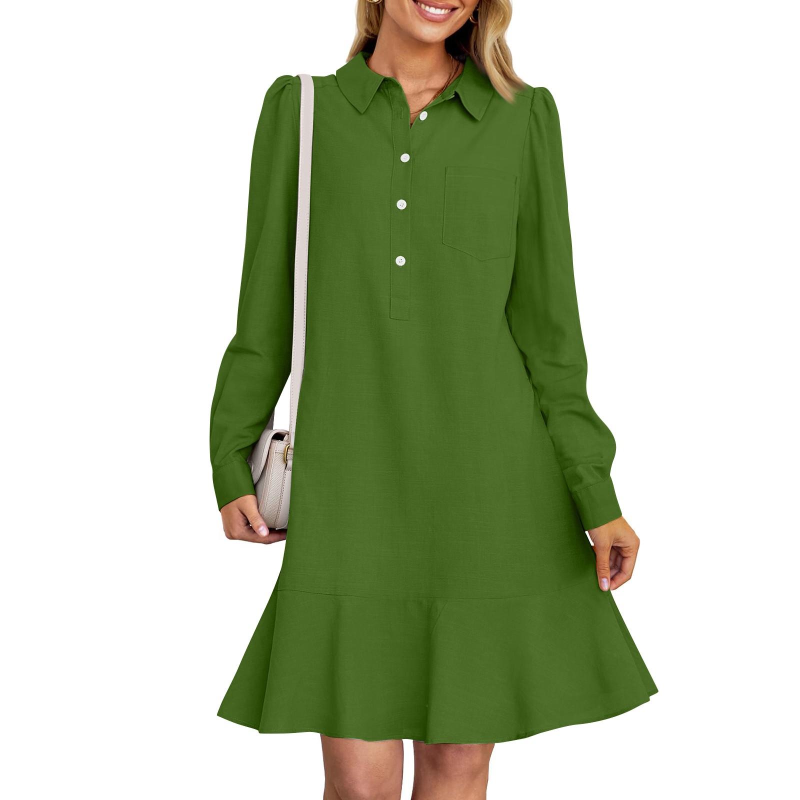 

Женское платье-рубашка с длинным рукавом на пуговицах, струящиеся повседневные платья-туники с оборками S зелёный
