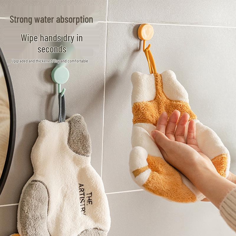Prosop de mână drăguț pentru copii din fleece de coral cu pisică – Super absorbant, gros, cu agățătoare, lavetă pentru uz bucătărie