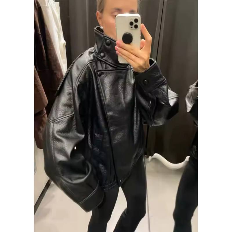 Autumn Faux Leather Jacket For Women Casual Solid Long Sleeve Zipper Pu Leather Coats New Fashion Female Streetwear
