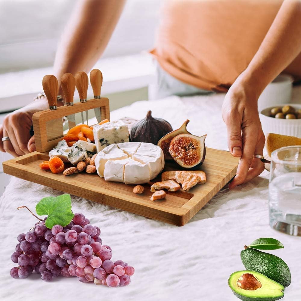 Bamboo Cheese Board Charcuterie Boards Set & Serving Tray for Meat and Wine Birthday Gifts for Women Wedding Gifts for Couples