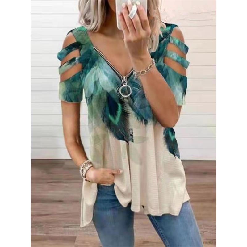 Fashion V-neck Zipper Printing Short Sleeved Loose Women T-shirt Elegant Off Shoulder Hollow Out Plus Size Blouse Female Vintage Slim Streetwear Top