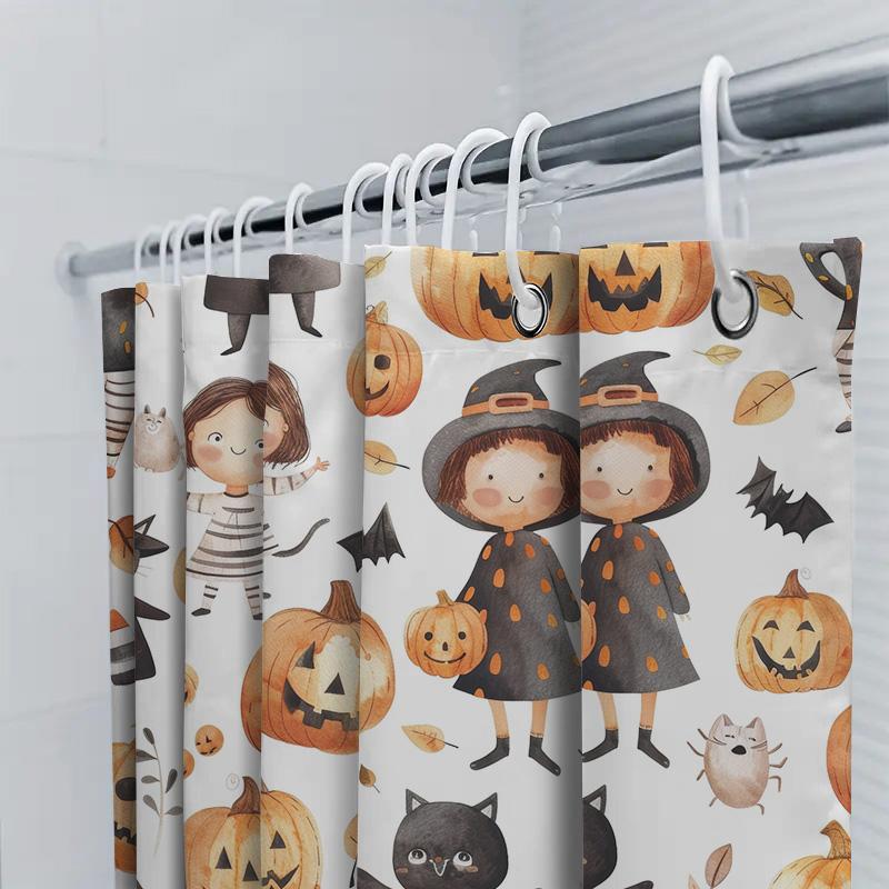 Halloween-Themed Bathroom Shower Curtain Featuring Cute Illustrations Of Cats, Pumpkins, And Witches Watercolor Design For Kids