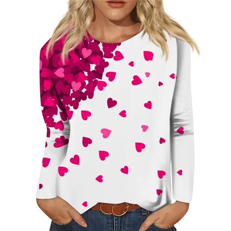 Women's Casual Long-sleeved T-shirt with Red Rose Heart Shape and Black Polka Dot Print Spring/Autumn Fashion Top