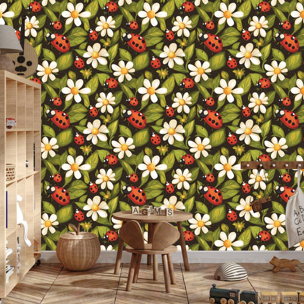 Ladybugs Wallpaper Yellow and Ochre for Living Room and Bedroom 50x1000