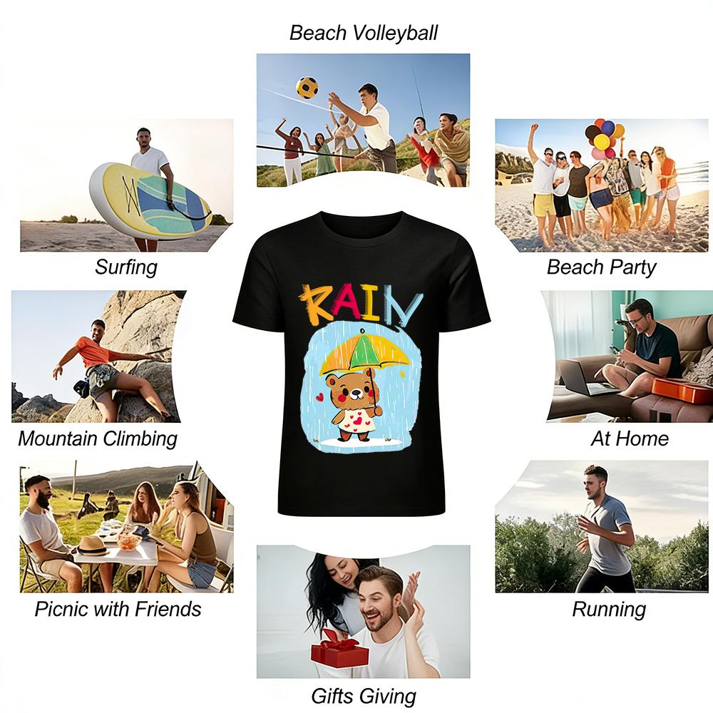 Cute Bear With Umbrella Print Kids Shirt,Adorable Rainy Day Themed Toddler Top Pure cotton T-shirt